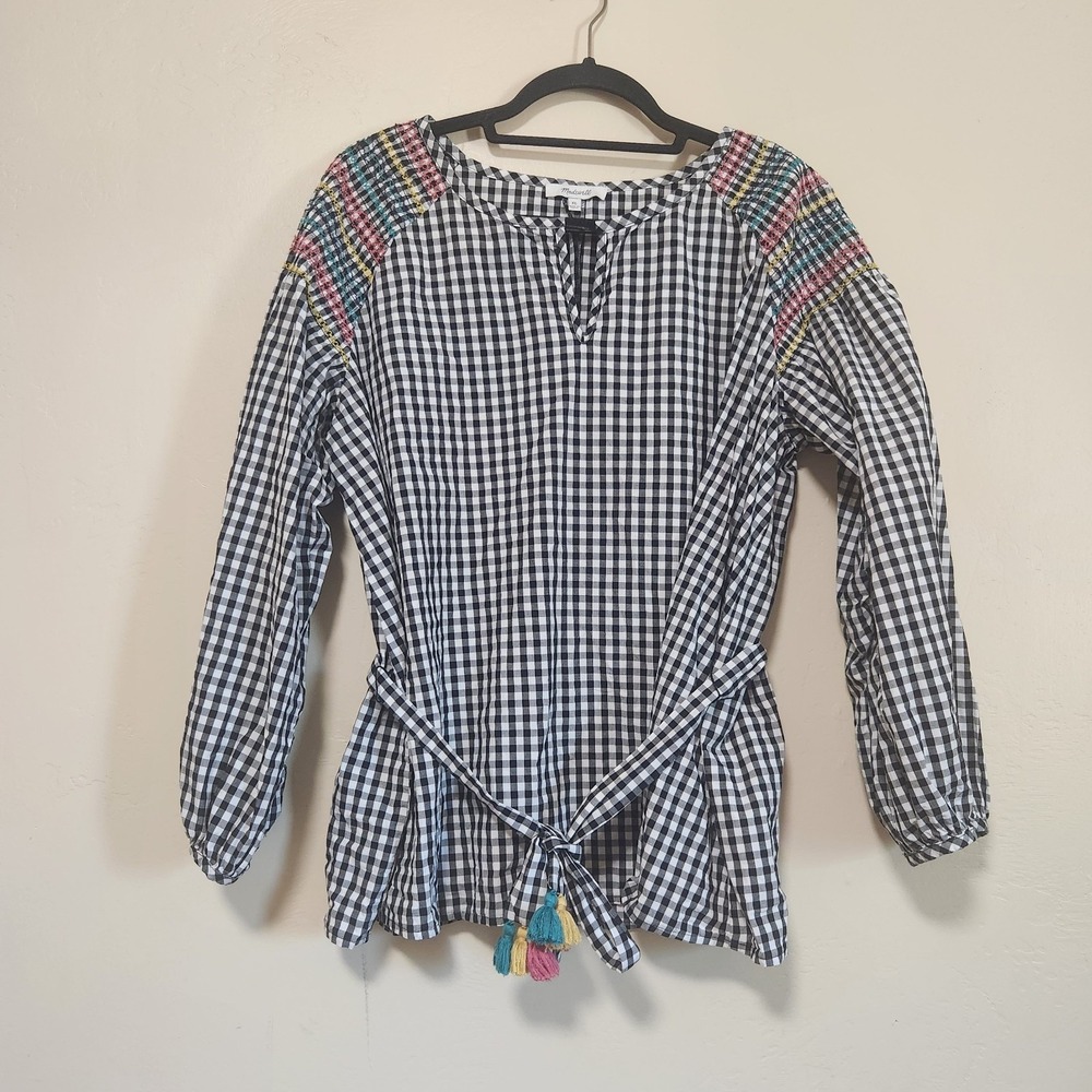 Madewell Gingham Smocked Embroidered Top Black White Check Tassel Tie Size XL